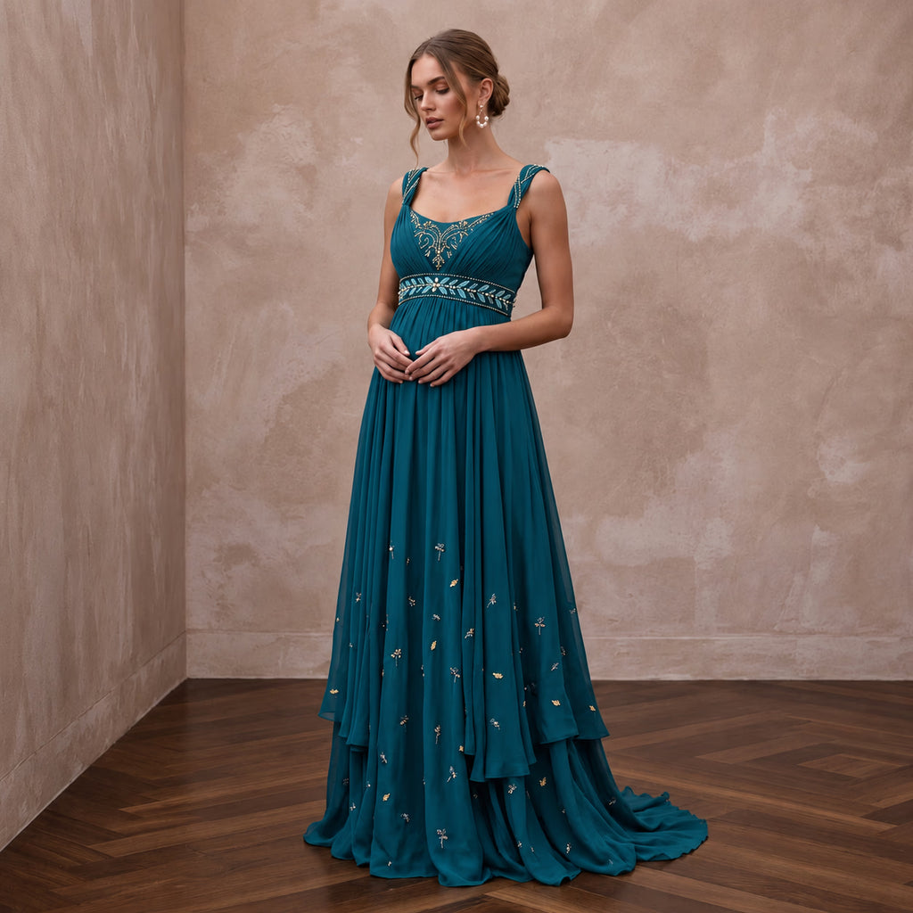 Teal Chiffon Empire Waist Flowing Maternity Formal Dress