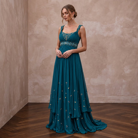 Teal Chiffon Empire Waist Flowing Maternity Formal Dress