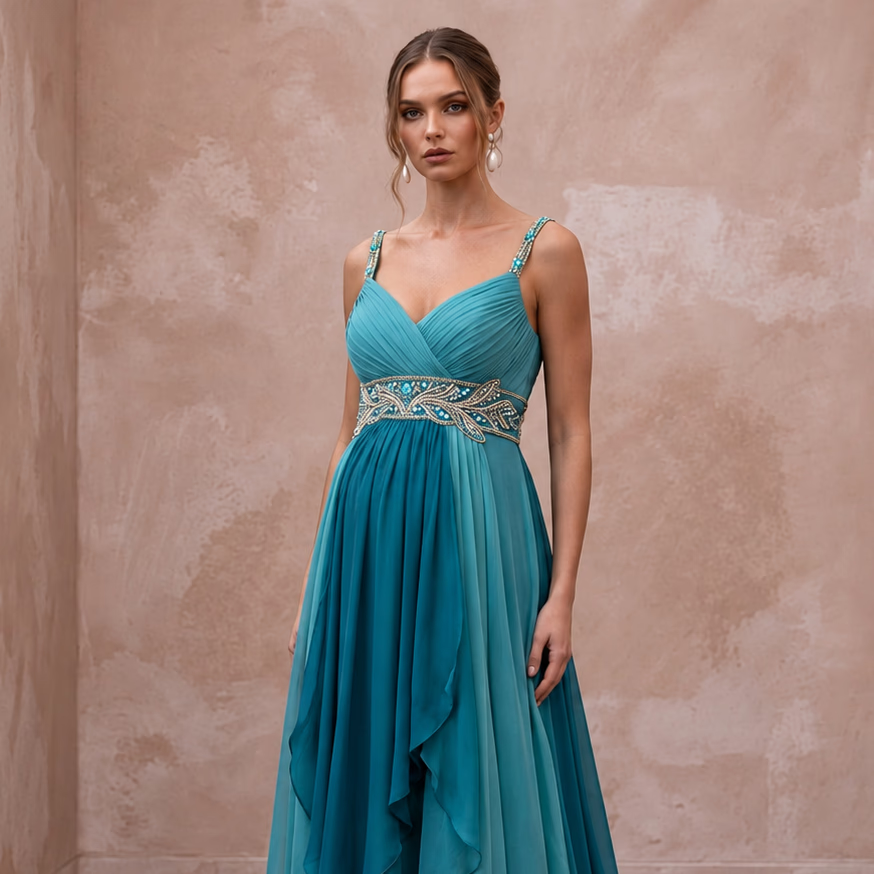 Teal Chiffon Empire Waist Flowing Maternity Formal Dress