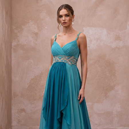 Teal Chiffon Empire Waist Flowing Maternity Formal Dress