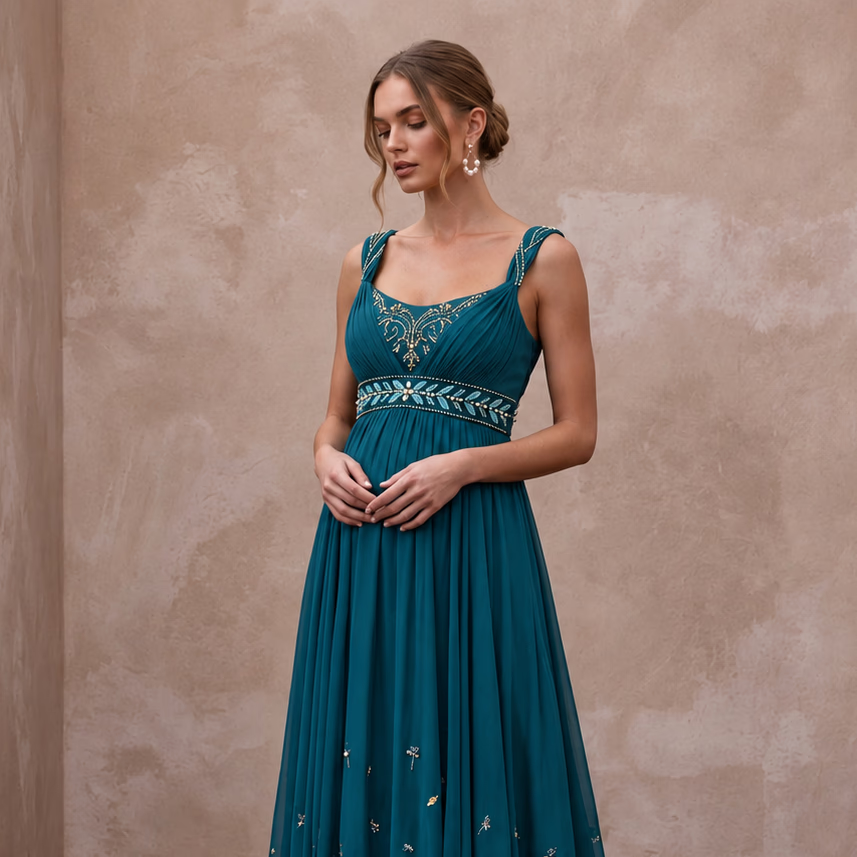 Teal Chiffon Empire Waist Flowing Maternity Formal Dress