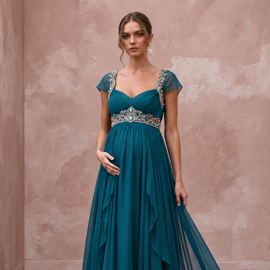 Teal Chiffon Empire Waist Flowing Maternity Formal Maxi Dress - Apparel & Accessories > Clothing > Wedding & Bridal Party Dresses > Wedding Dresses - Mignonette Bridal
