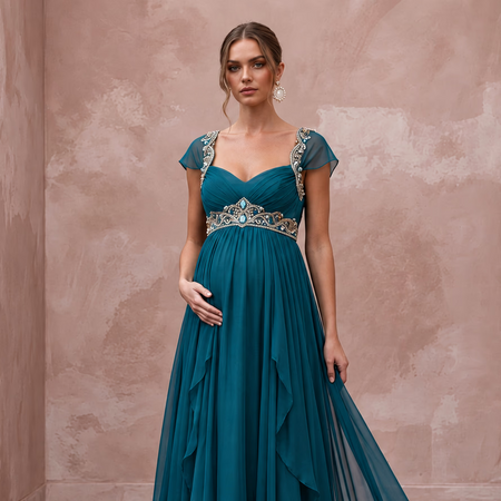 Teal Chiffon Empire Waist Flowing Maternity Formal Maxi Dress - Apparel & Accessories > Clothing > Wedding & Bridal Party Dresses > Wedding Dresses - Mignonette Bridal