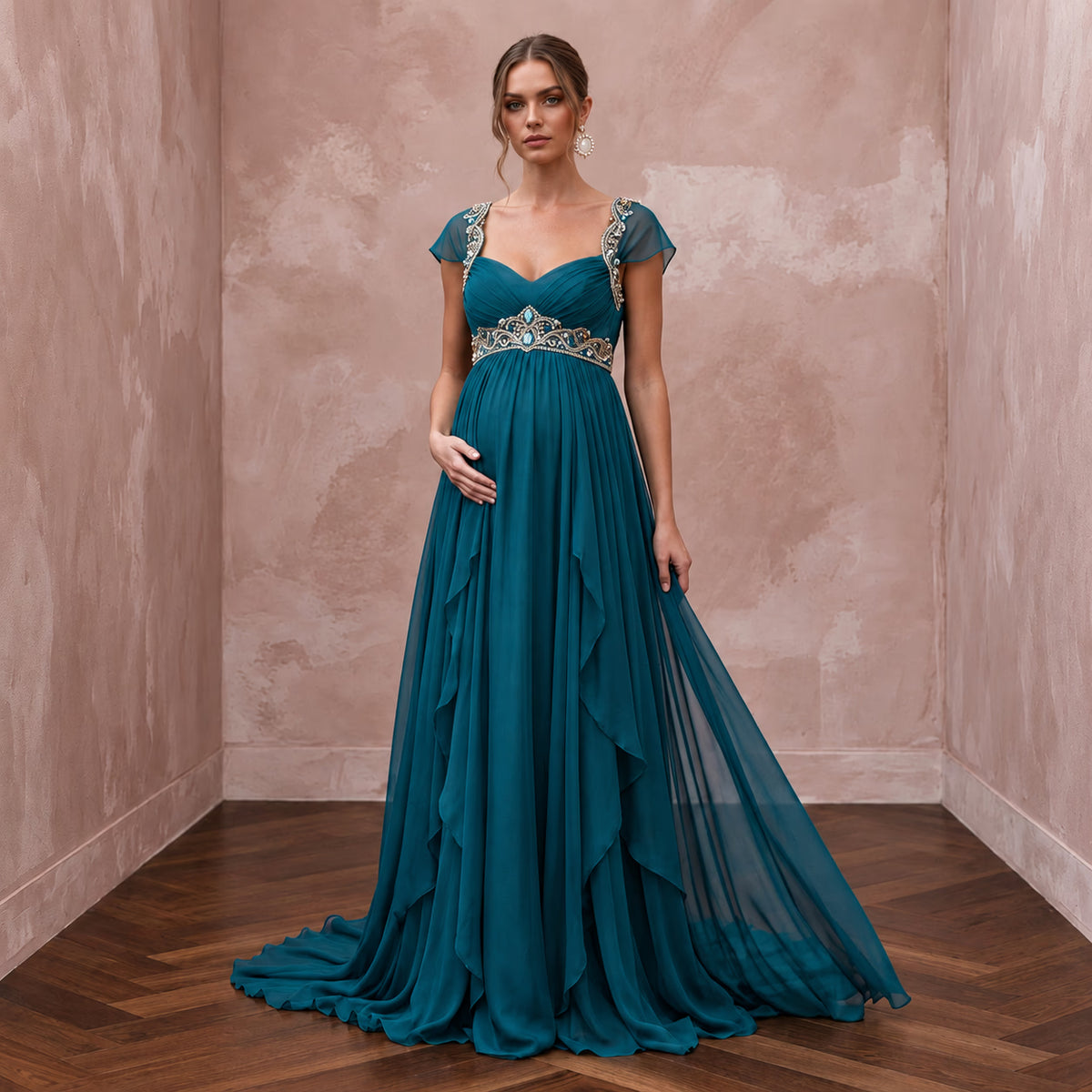 Teal Chiffon Empire Waist Flowing Maternity Formal Maxi Dress - Apparel & Accessories > Clothing > Wedding & Bridal Party Dresses > Wedding Dresses - Mignonette Bridal Main image