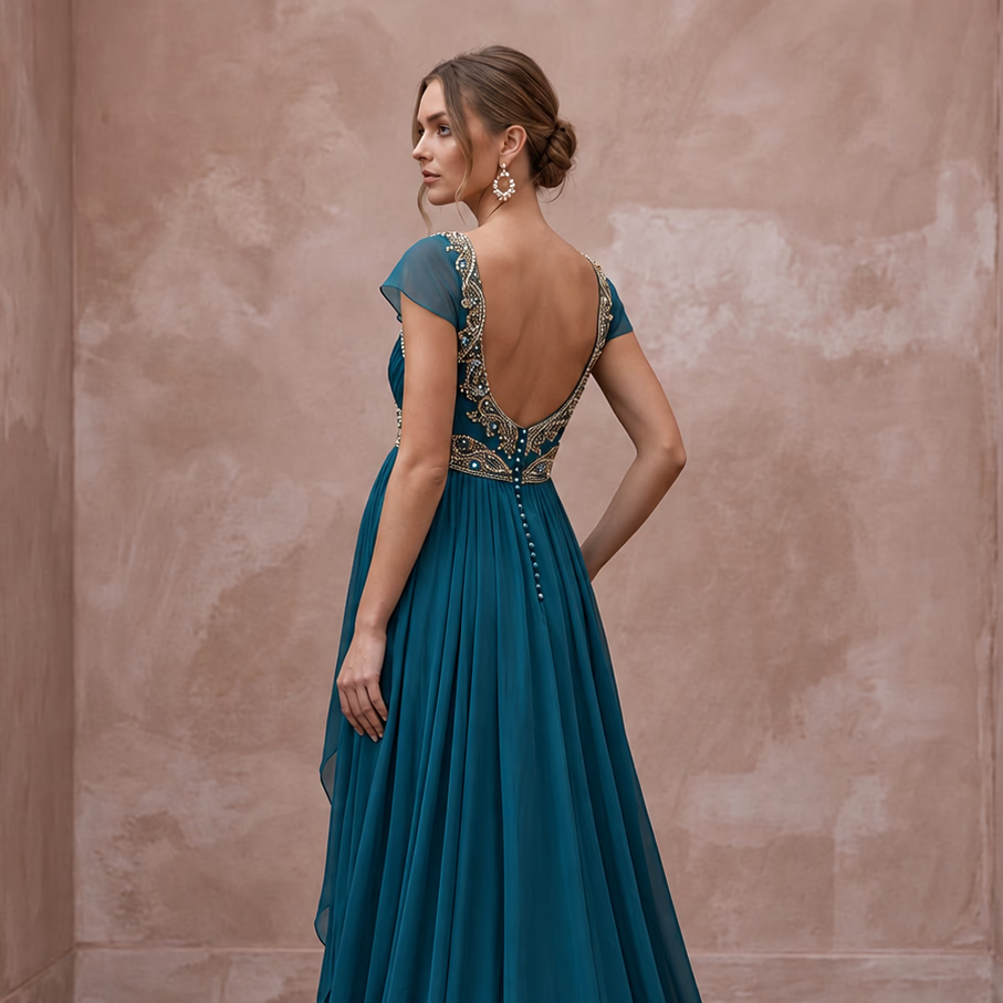 Teal Chiffon Empire Waist Flowing Maternity Formal Maxi Dress - Apparel & Accessories > Clothing > Wedding & Bridal Party Dresses > Wedding Dresses - Mignonette Bridal