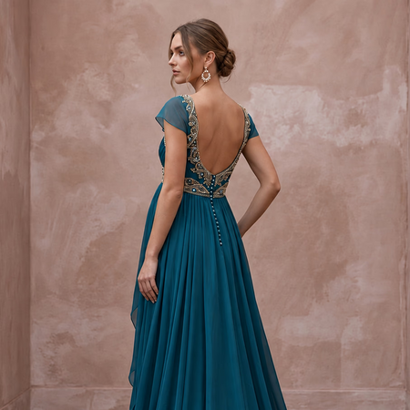 Teal Chiffon Empire Waist Flowing Maternity Formal Maxi Dress - Apparel & Accessories > Clothing > Wedding & Bridal Party Dresses > Wedding Dresses - Mignonette Bridal