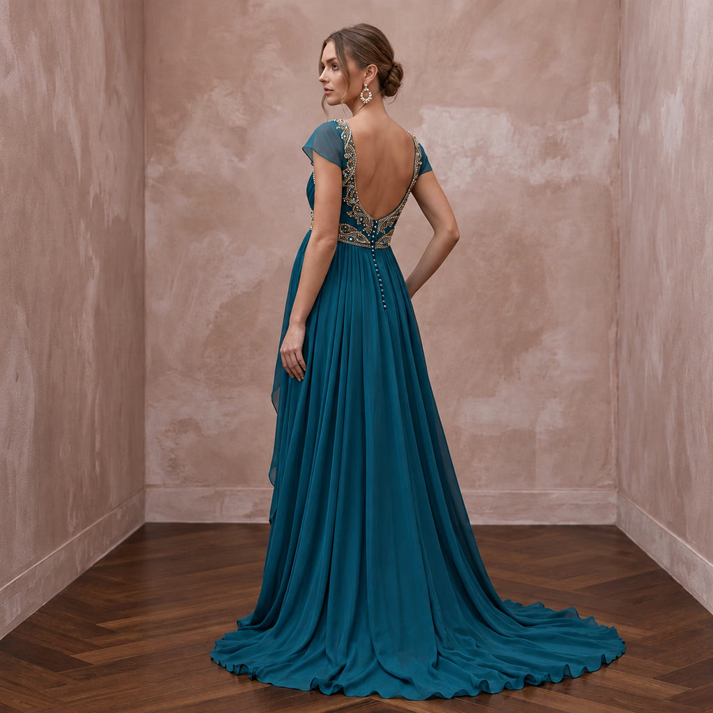 Teal Chiffon Empire Waist Flowing Maternity Formal Maxi Dress - Apparel & Accessories > Clothing > Wedding & Bridal Party Dresses > Wedding Dresses - Mignonette Bridal