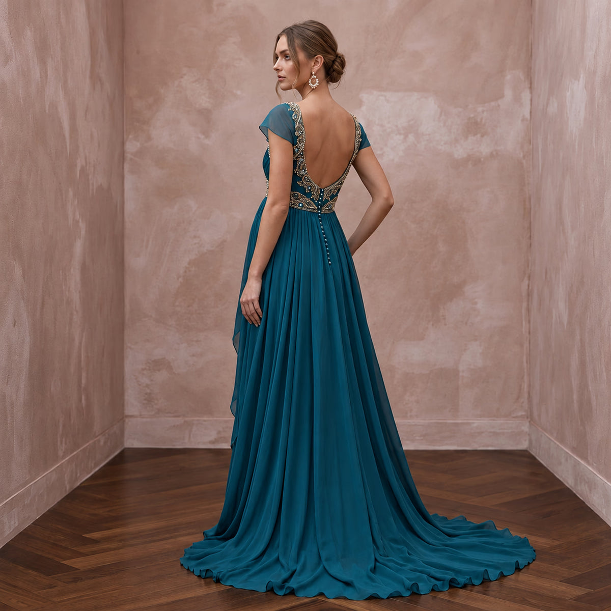 Teal Chiffon Empire Waist Flowing Maternity Formal Maxi Dress - Apparel & Accessories > Clothing > Wedding & Bridal Party Dresses > Wedding Dresses - Mignonette Bridal