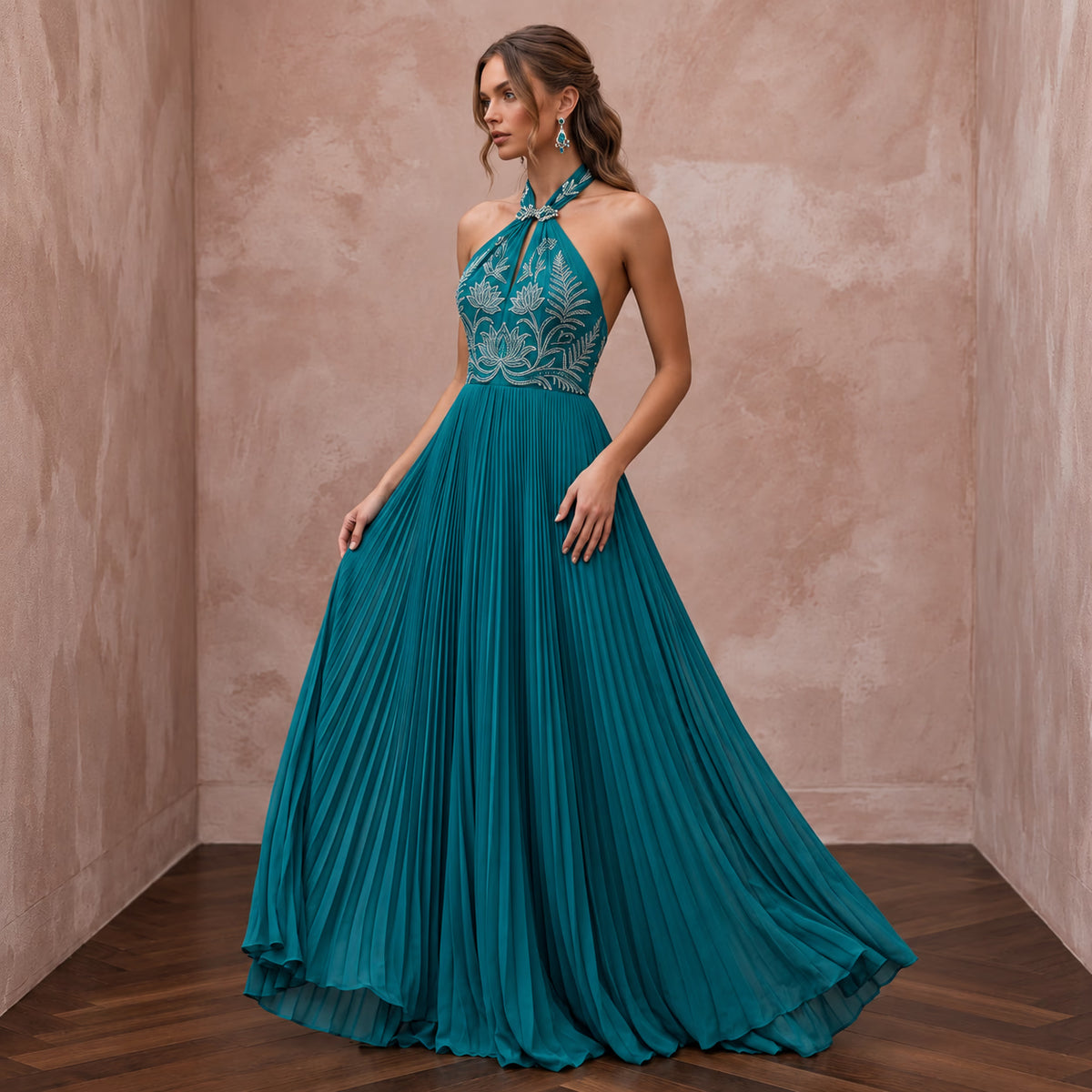 Teal Chiffon Pleated Skirt Halter Neck Prom Dress