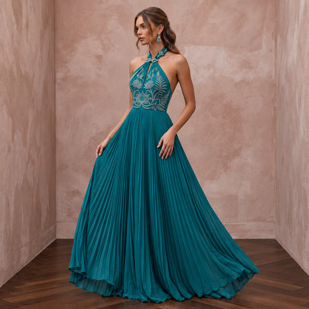 Teal Chiffon Pleated Skirt Halter Neck Prom Dress
