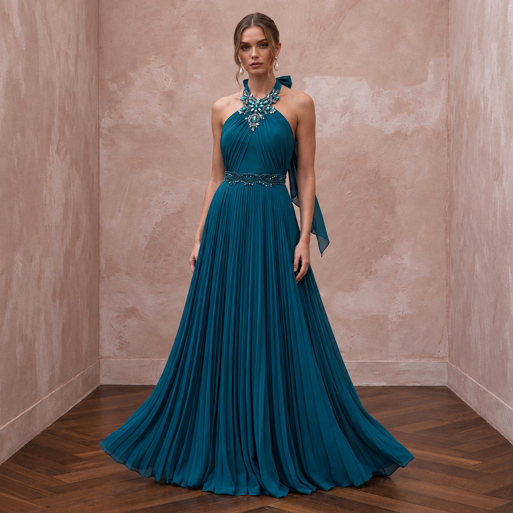 Teal Chiffon Pleated Skirt Halter Neck Prom Dress