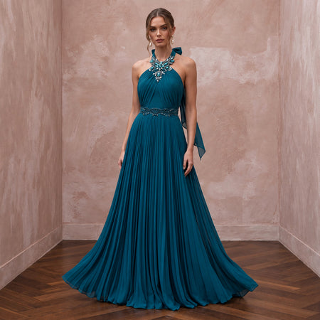 Teal Chiffon Pleated Skirt Halter Neck Prom Dress