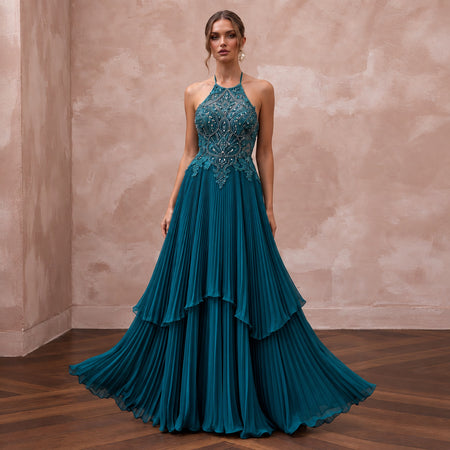 Teal Chiffon Pleated Skirt Halter Neck Prom Dress