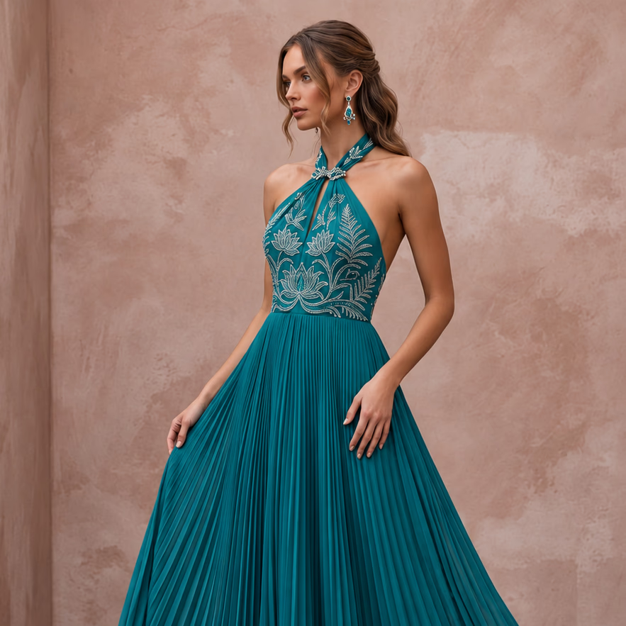 Teal Chiffon Pleated Skirt Halter Neck Prom Dress