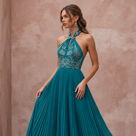Teal Chiffon Pleated Skirt Halter Neck Prom Dress