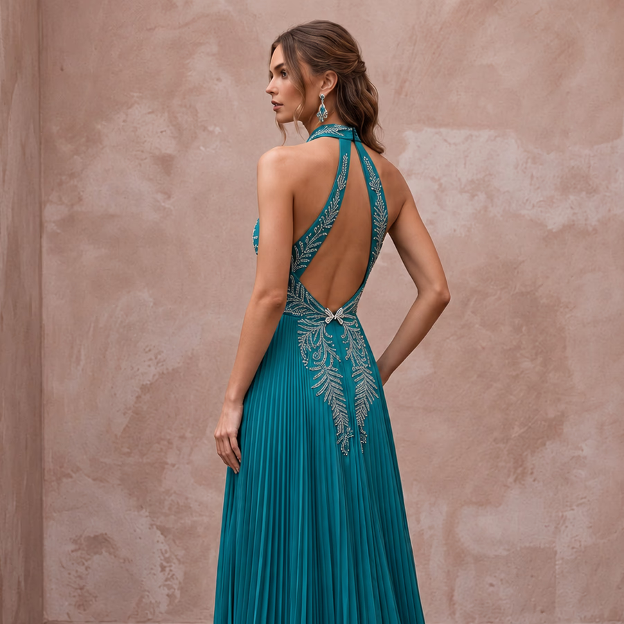 Teal Chiffon Pleated Skirt Halter Neck Prom Dress