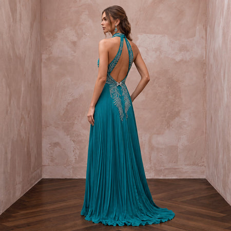 Teal Chiffon Pleated Skirt Halter Neck Prom Dress