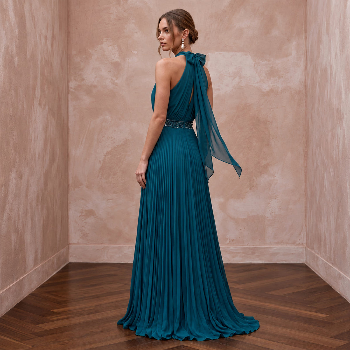 Teal Chiffon Pleated Skirt Halter Neck Prom Dress