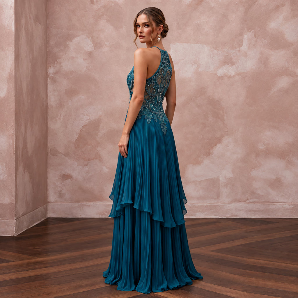 Teal Chiffon Pleated Skirt Halter Neck Prom Dress
