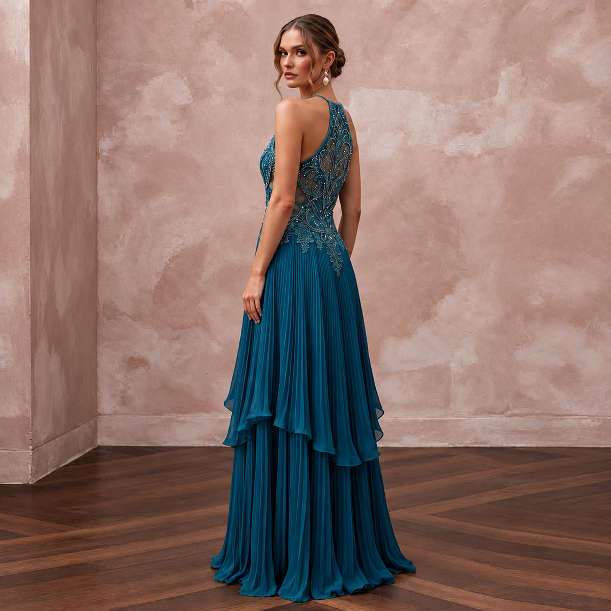Teal Chiffon Pleated Skirt Halter Neck Prom Dress
