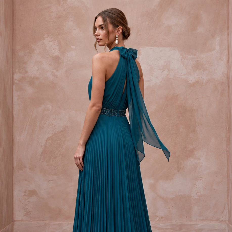 Teal Chiffon Pleated Skirt Halter Neck Prom Dress