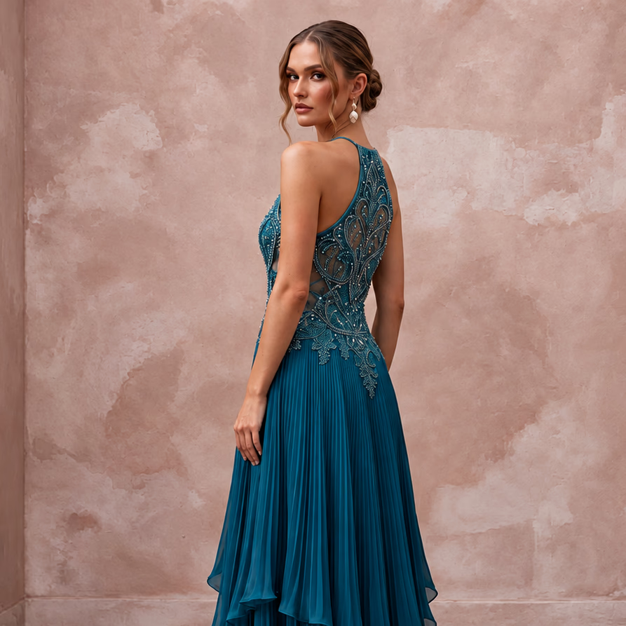 Teal Chiffon Pleated Skirt Halter Neck Prom Dress