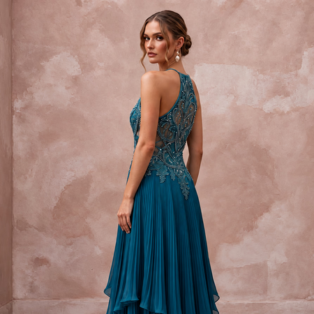 Teal Chiffon Pleated Skirt Halter Neck Prom Dress