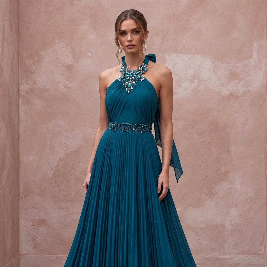 Teal Chiffon Pleated Skirt Halter Neck Prom Dress