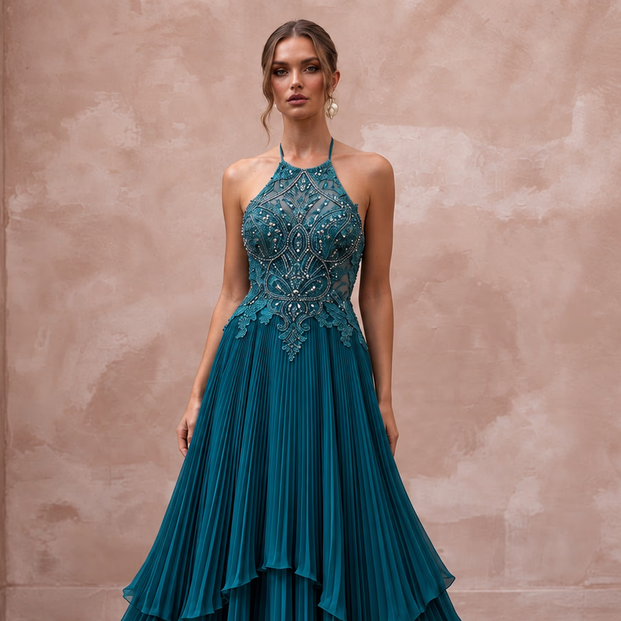 Teal Chiffon Pleated Skirt Halter Neck Prom Dress