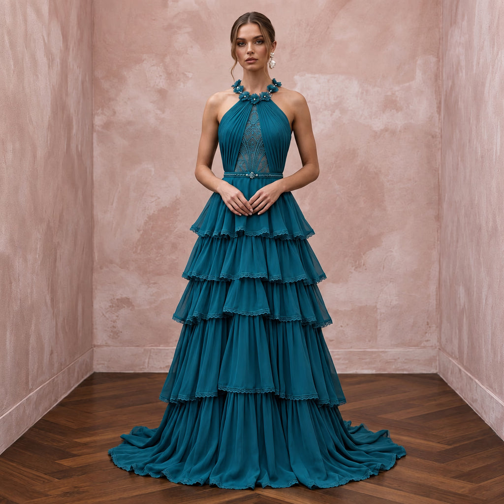 Teal Chiffon Tiered Ruffle Skirt Halter Evening Dress - Apparel & Accessories > Clothing > Wedding & Bridal Party Dresses > Wedding Dresses - Mignonette Bridal