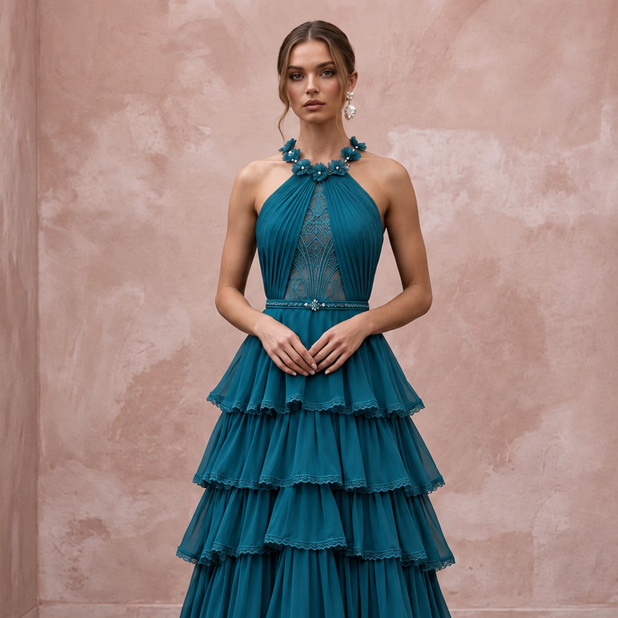 Teal Chiffon Tiered Ruffle Skirt Halter Evening Dress - Apparel & Accessories > Clothing > Wedding & Bridal Party Dresses > Wedding Dresses - Mignonette Bridal