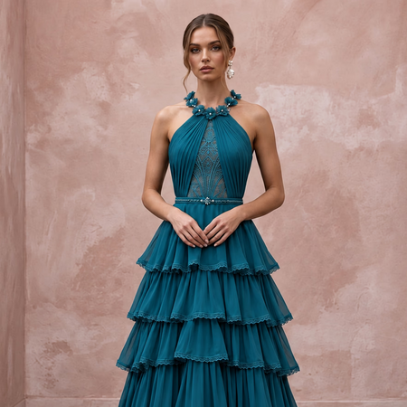 Teal Chiffon Tiered Ruffle Skirt Halter Evening Dress - Apparel & Accessories > Clothing > Wedding & Bridal Party Dresses > Wedding Dresses - Mignonette Bridal