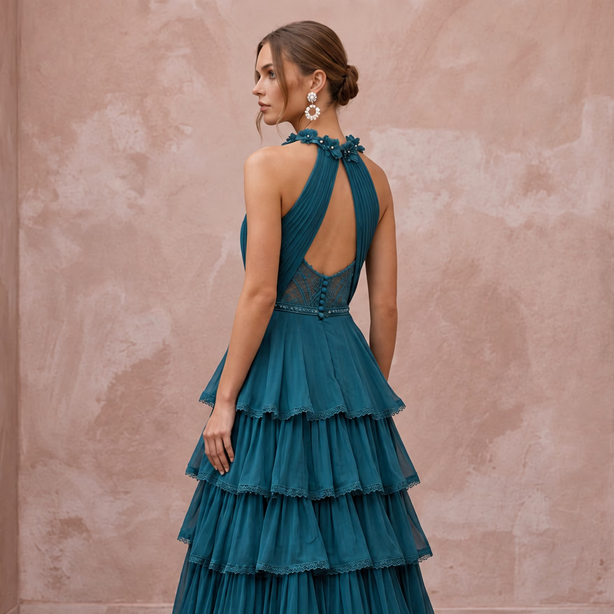 Teal Chiffon Tiered Ruffle Skirt Halter Evening Dress - Apparel & Accessories > Clothing > Wedding & Bridal Party Dresses > Wedding Dresses - Mignonette Bridal