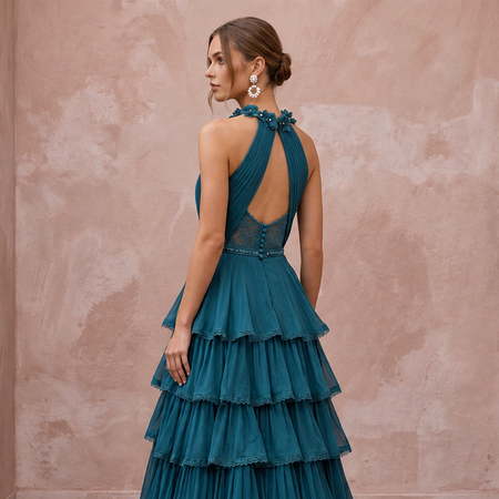 Teal Chiffon Tiered Ruffle Skirt Halter Evening Dress - Apparel & Accessories > Clothing > Wedding & Bridal Party Dresses > Wedding Dresses - Mignonette Bridal