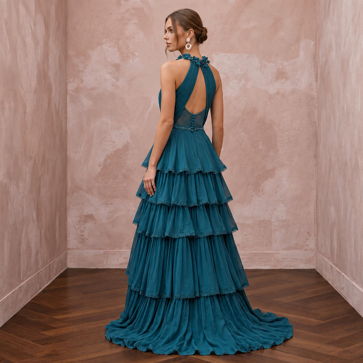 Teal Chiffon Tiered Ruffle Skirt Halter Evening Dress - Apparel & Accessories > Clothing > Wedding & Bridal Party Dresses > Wedding Dresses - Mignonette Bridal