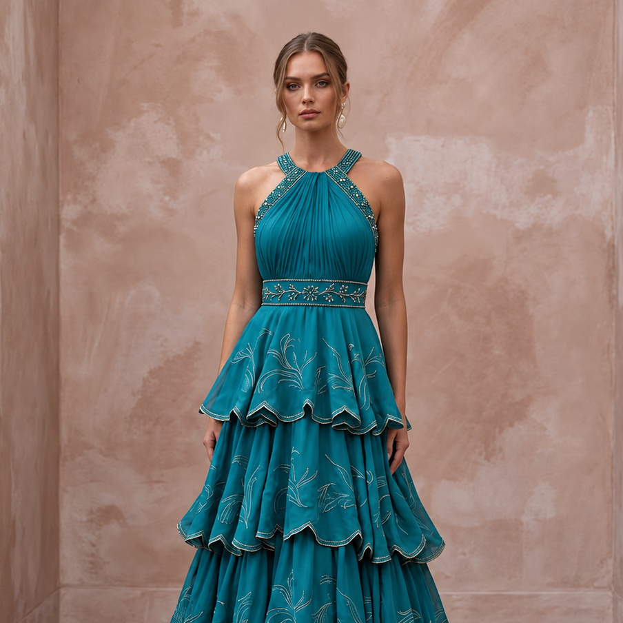 Teal Chiffon Tiered Ruffle Skirt Halter Neck Prom Dress