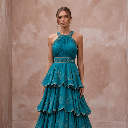 Teal Chiffon Tiered Ruffle Skirt Halter Neck Prom Dress
