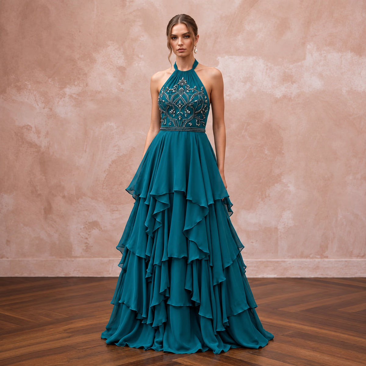 Teal Chiffon Tiered Ruffle Skirt Halter Neck Prom Dress