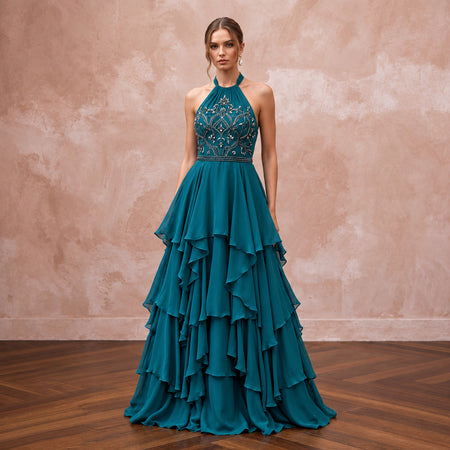 Teal Chiffon Tiered Ruffle Skirt Halter Neck Prom Dress