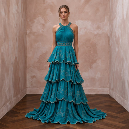 Teal Chiffon Tiered Ruffle Skirt Halter Neck Prom Dress