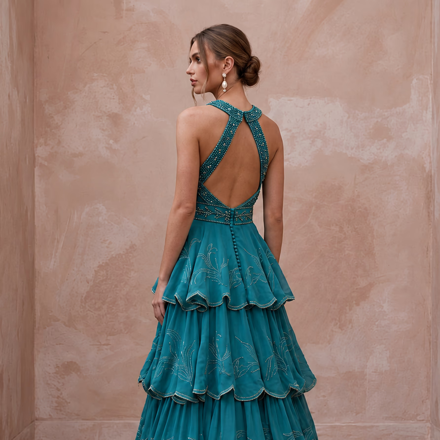 Teal Chiffon Tiered Ruffle Skirt Halter Neck Prom Dress