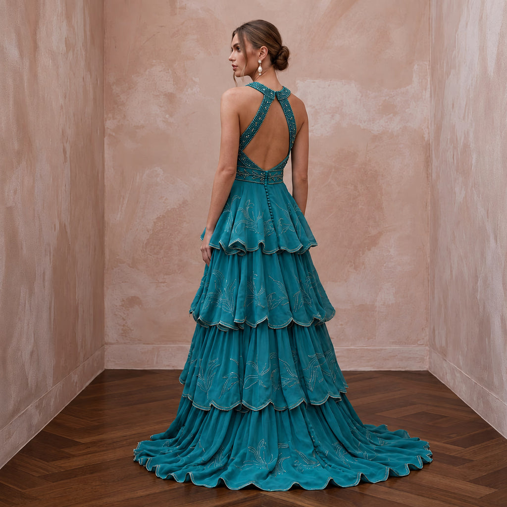 Teal Chiffon Tiered Ruffle Skirt Halter Neck Prom Dress