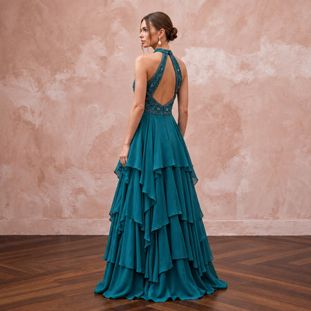 Teal Chiffon Tiered Ruffle Skirt Halter Neck Prom Dress