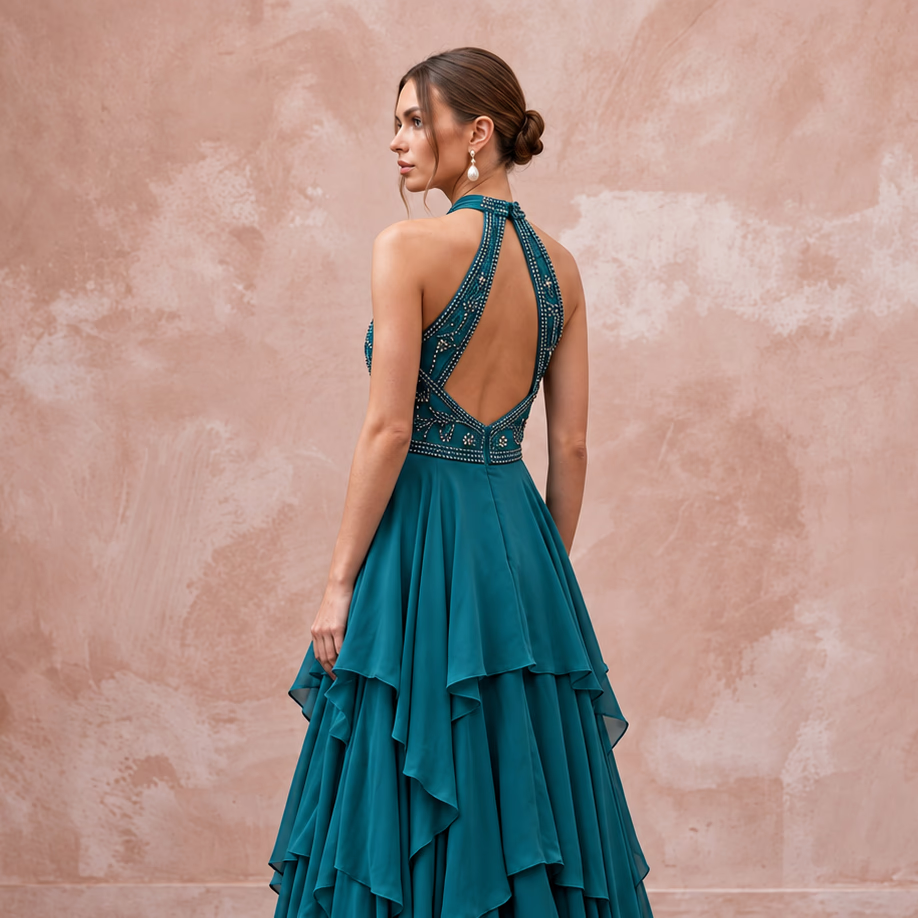 Teal Chiffon Tiered Ruffle Skirt Halter Neck Prom Dress