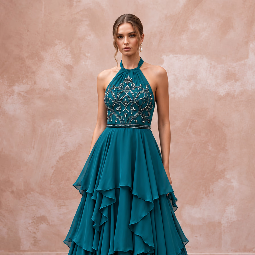 Teal Chiffon Tiered Ruffle Skirt Halter Neck Prom Dress