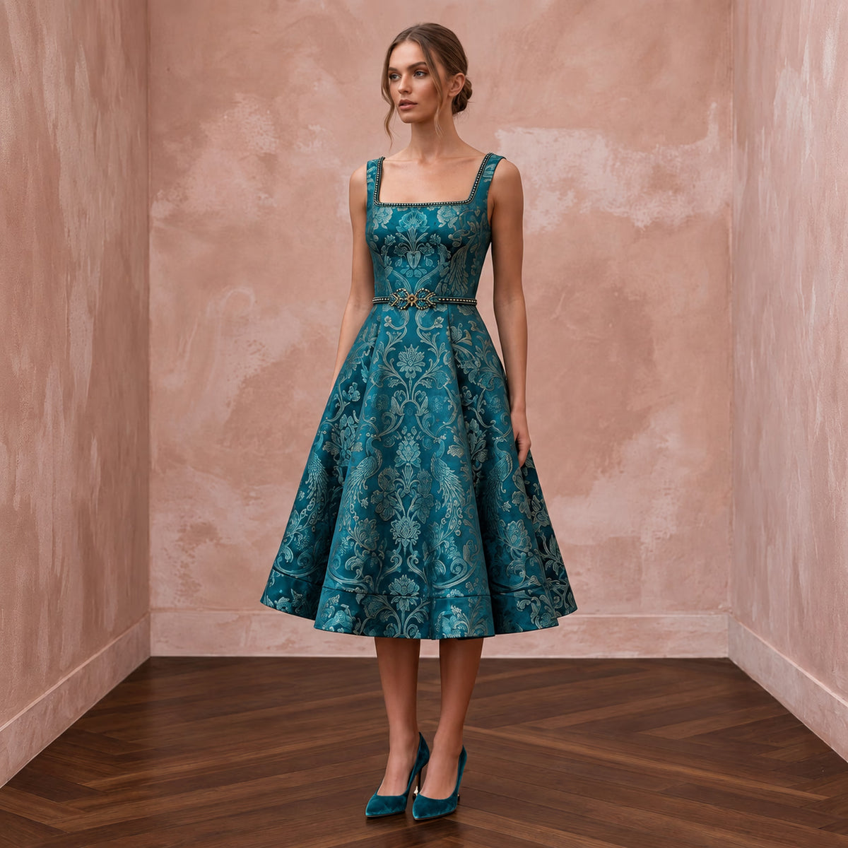 Teal Floral Jacquard Square Neck Fit - and - Flare Cocktail Dress - Apparel & Accessories > Clothing > Wedding & Bridal Party Dresses > Wedding Dresses - Mignonette Bridal