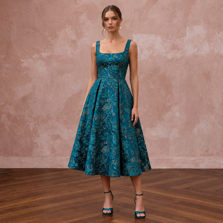 Teal Floral Jacquard Square Neck Fit-and-Flare Cocktail Dress