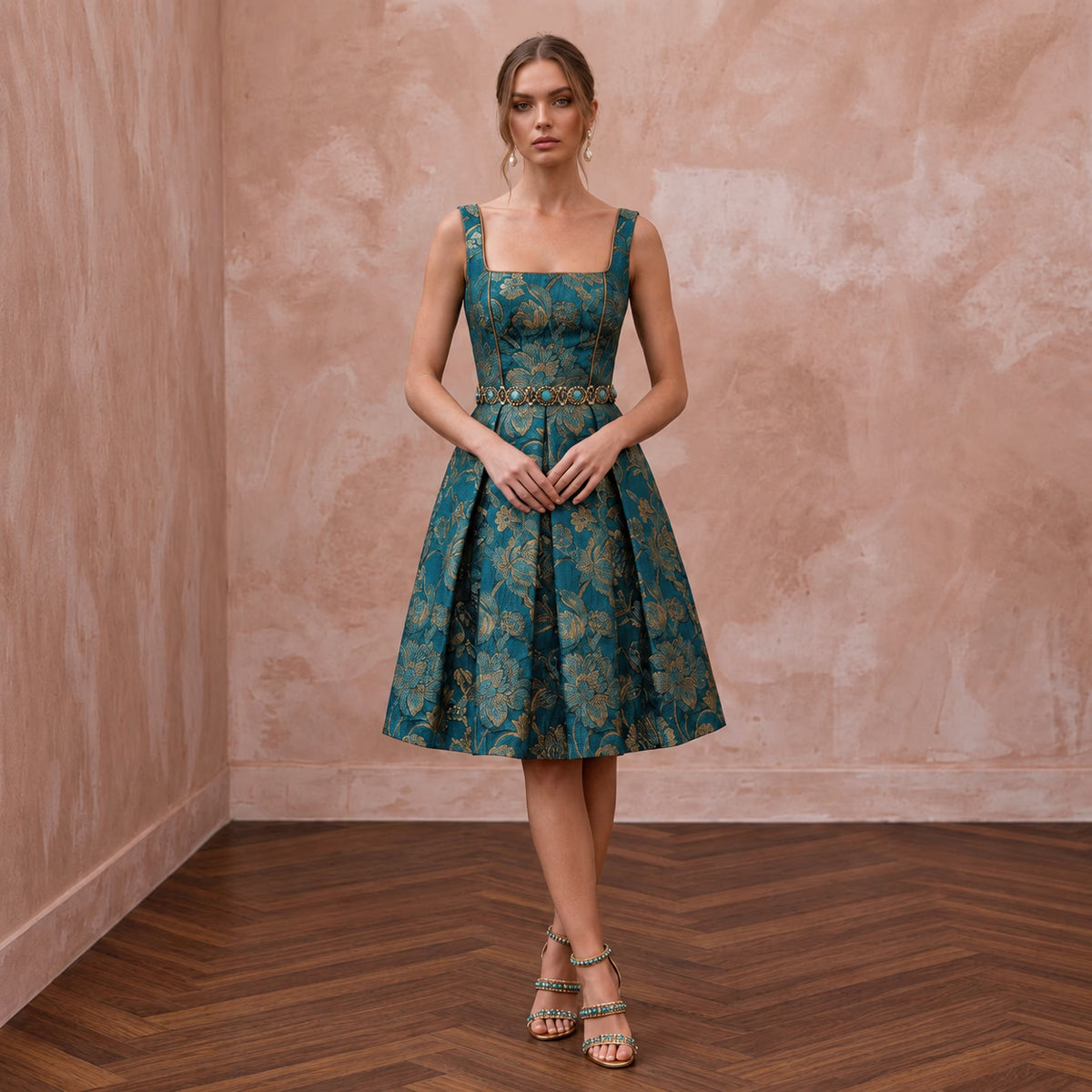 Teal Floral Jacquard Square Neck Fit-and-Flare Cocktail Dress