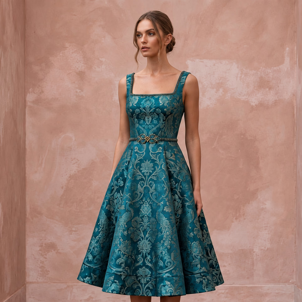 Teal Floral Jacquard Square Neck Fit - and - Flare Cocktail Dress - Apparel & Accessories > Clothing > Wedding & Bridal Party Dresses > Wedding Dresses - Mignonette Bridal