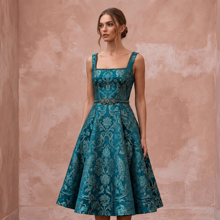 Teal Floral Jacquard Square Neck Fit - and - Flare Cocktail Dress - Apparel & Accessories > Clothing > Wedding & Bridal Party Dresses > Wedding Dresses - Mignonette Bridal